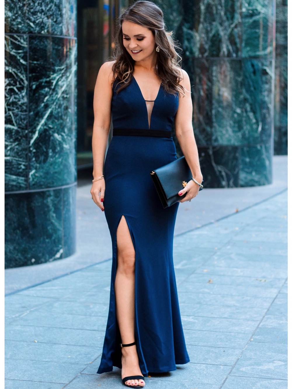 NWT Dress the Population Navy Lana Plunge Gown with Front Slit XXL